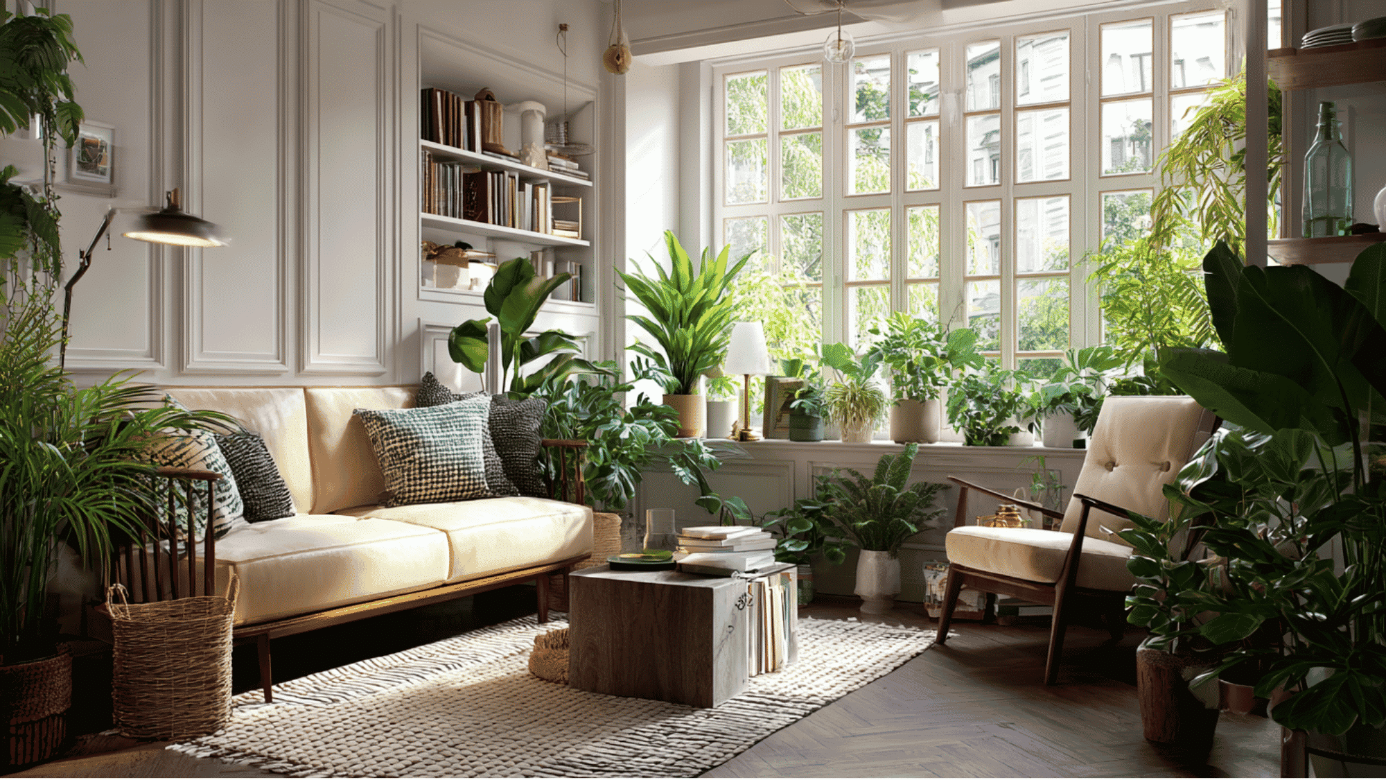 Indoor plants adding freshness to a small living room