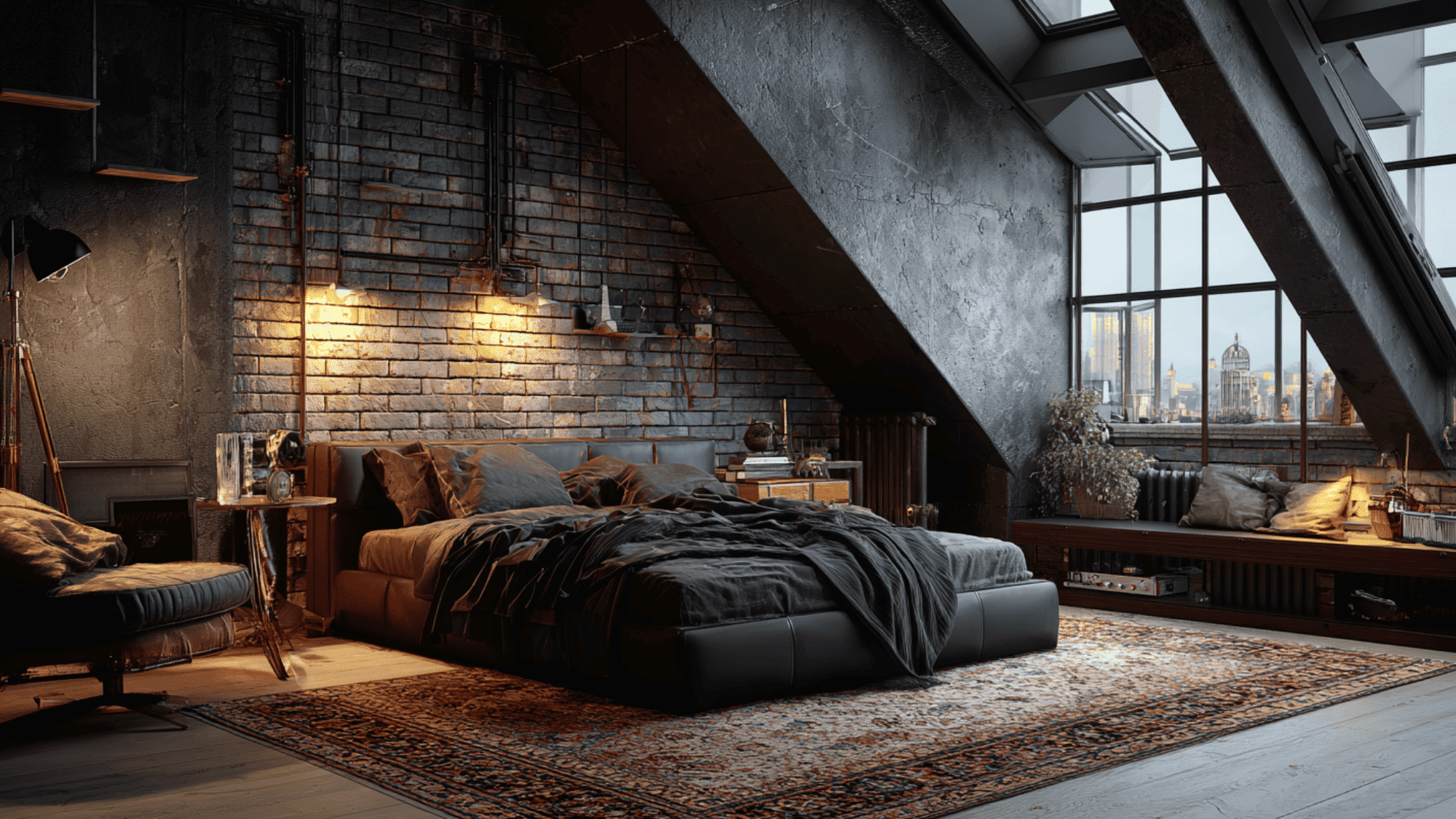 industrial attic bedroom with exposed brick and metal accents in dark tones for modern loft style