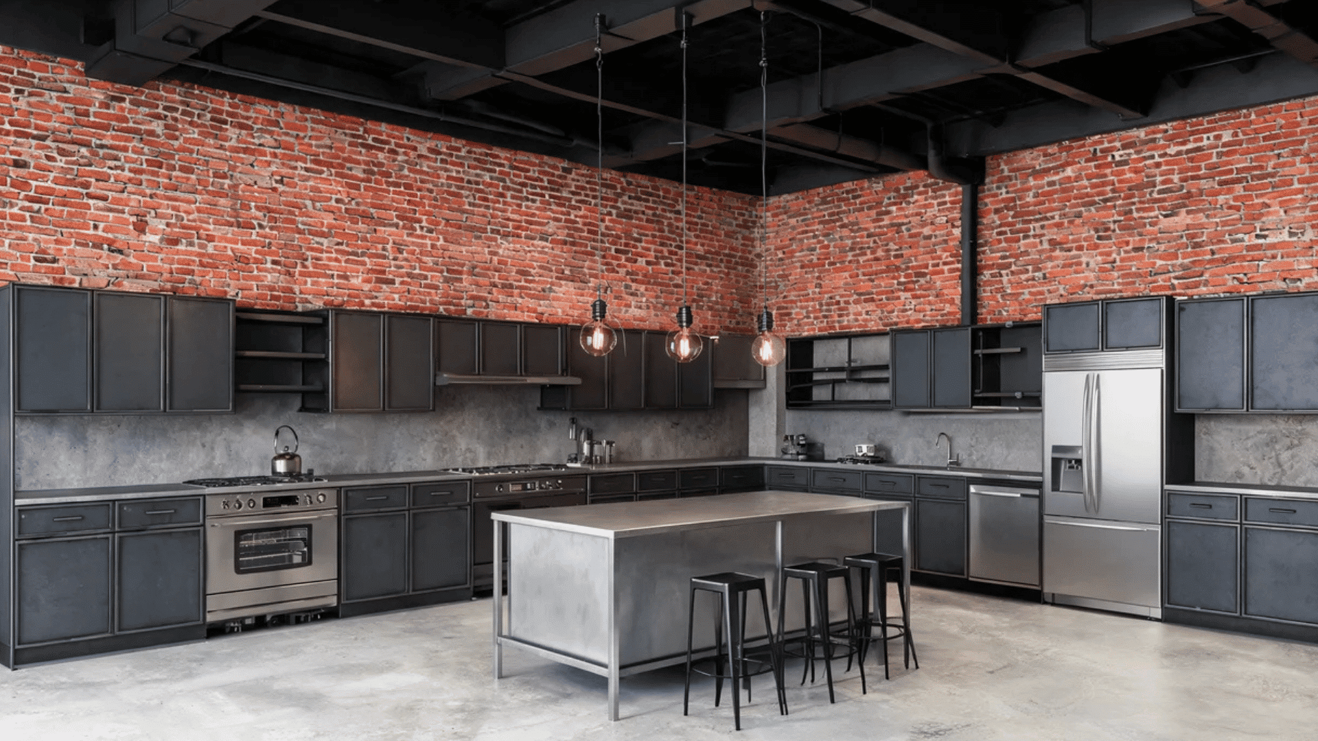 industrial kitchen with black cabinets brick walls and metal island with stools