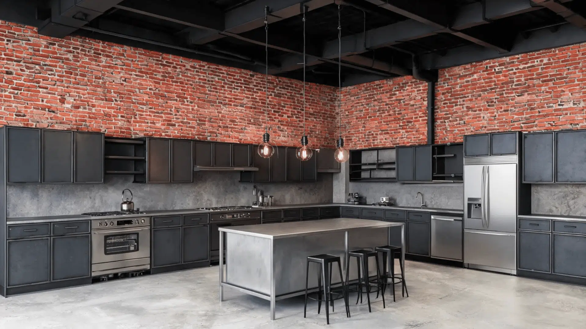 industrial kitchen with black cabinets brick walls and metal island with stools