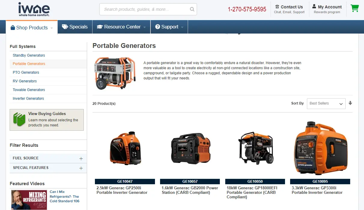 Portable generators displayed in a grid layout on an online store webpage