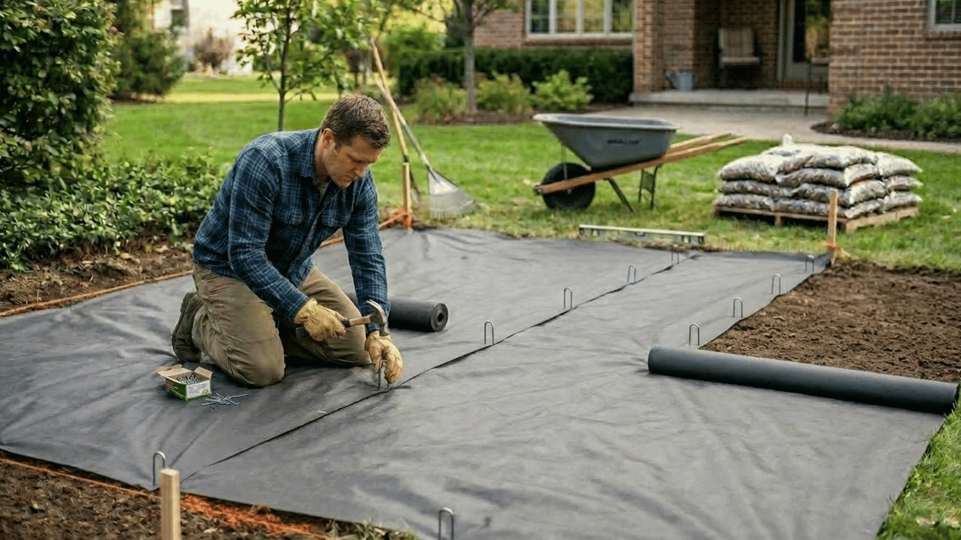 installing landscape fabric and securing it with pins for weed control.