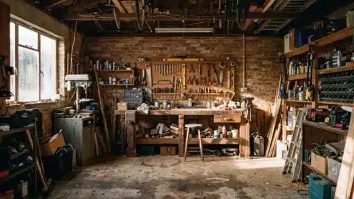 interior shot of a rustic garage workshop with a large solid DIY workbench centred against the back wall, exposed brick wall behind the bench