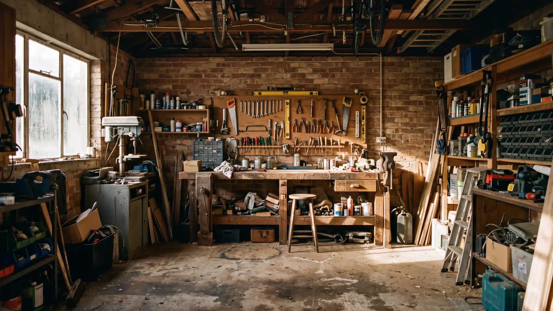 interior shot of a rustic garage workshop with a large solid DIY workbench centred against the back wall, exposed brick wall behind the bench