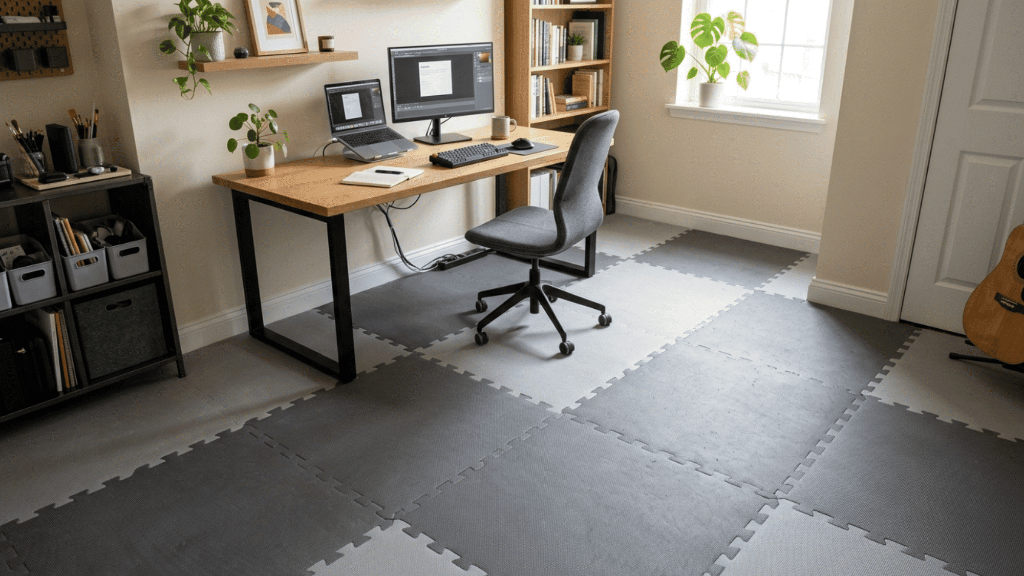 interlocking foam floor mats covering a room floor to reduce impact noise and vibrations.