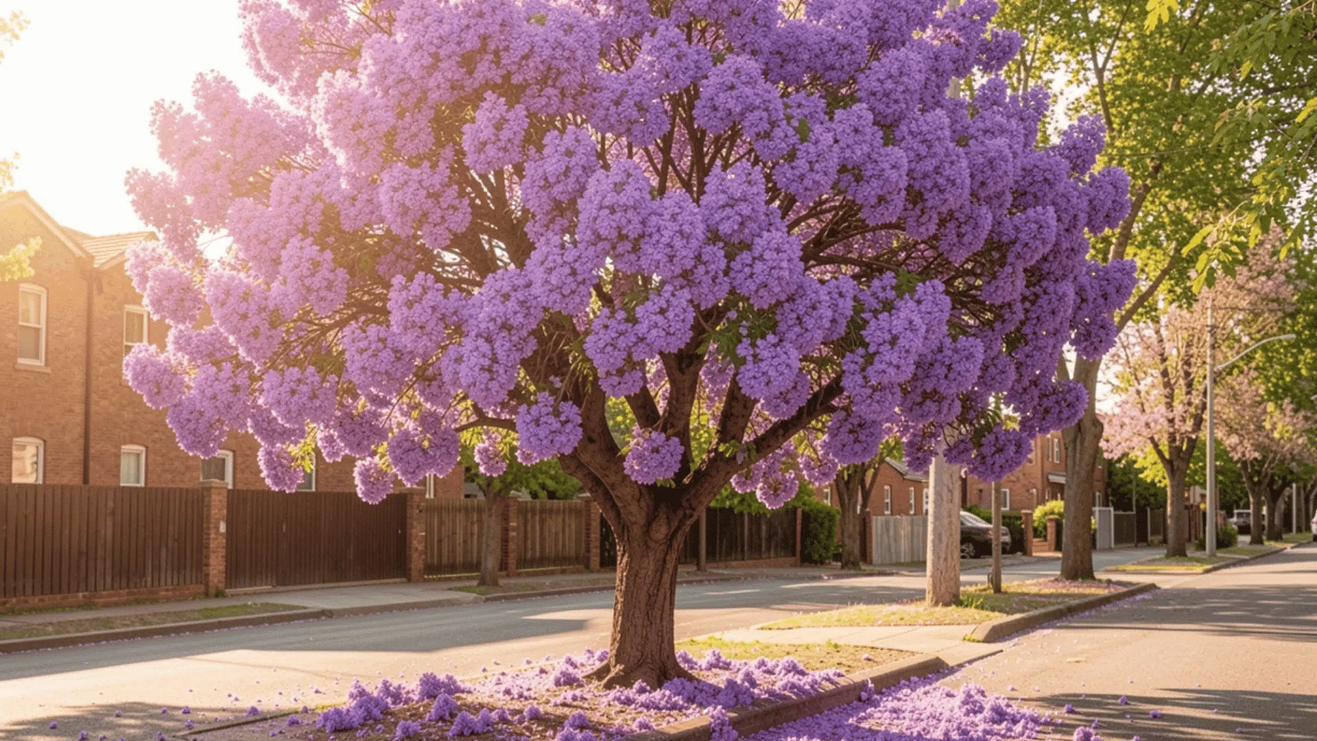 jacaranda tree with vibrant purple blossoms lining a quiet neighborhood street in warm evening sunlight
