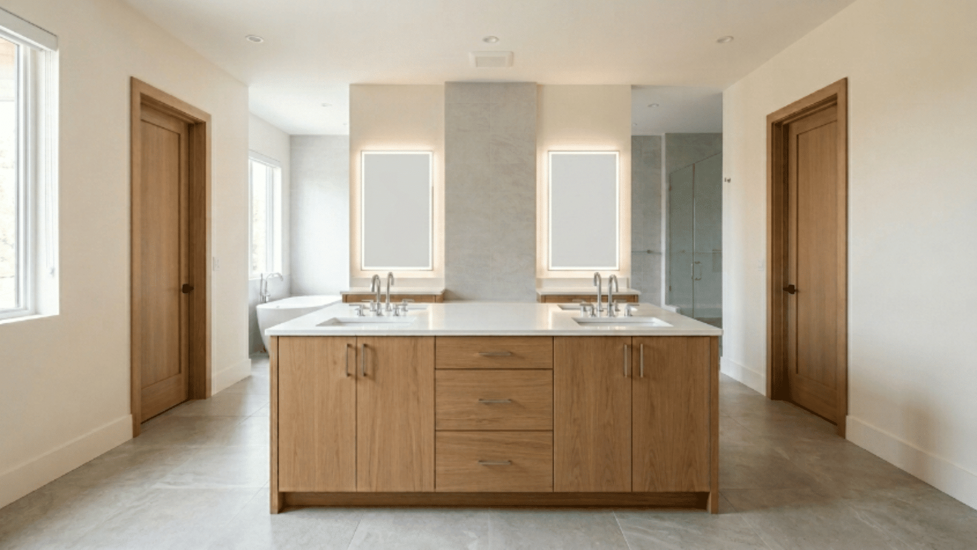jack and jill bathroom with central island vanity and open circulation space