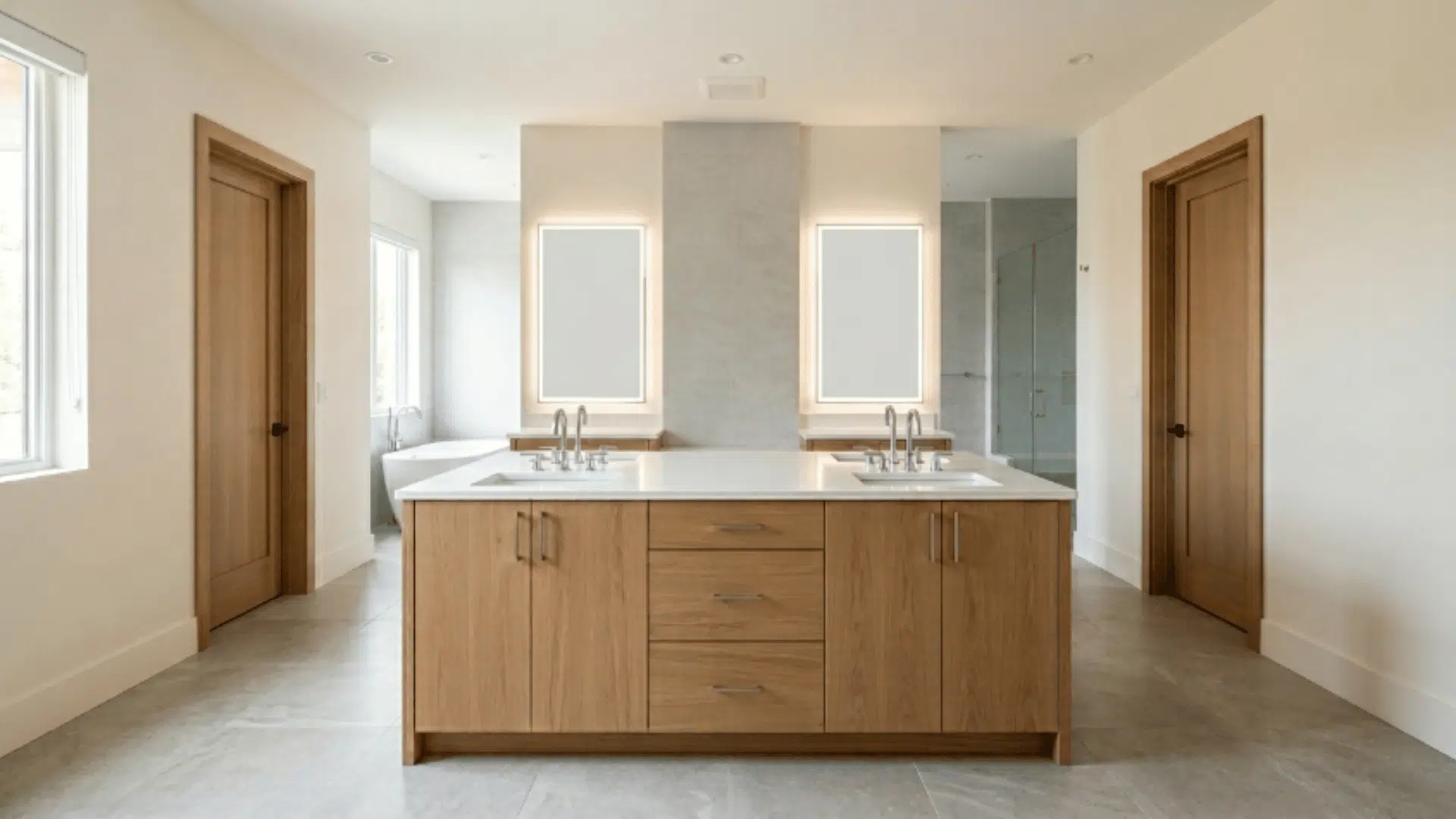 jack and jill bathroom with central island vanity and open circulation space