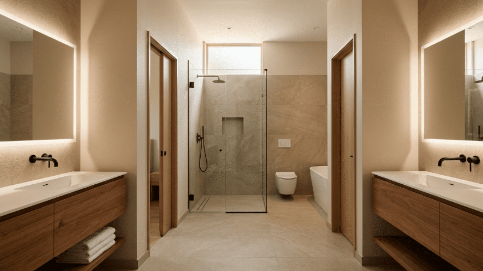 jack and jill bathroom with compact square layout and fixtures around edges