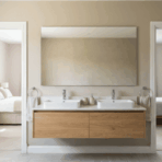 jack and jill bathroom with double sink vanity and wall mirror with soft wall reflection and clean layout