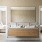 jack and jill bathroom with double sink vanity and wall mirror with soft wall reflection and clean layout