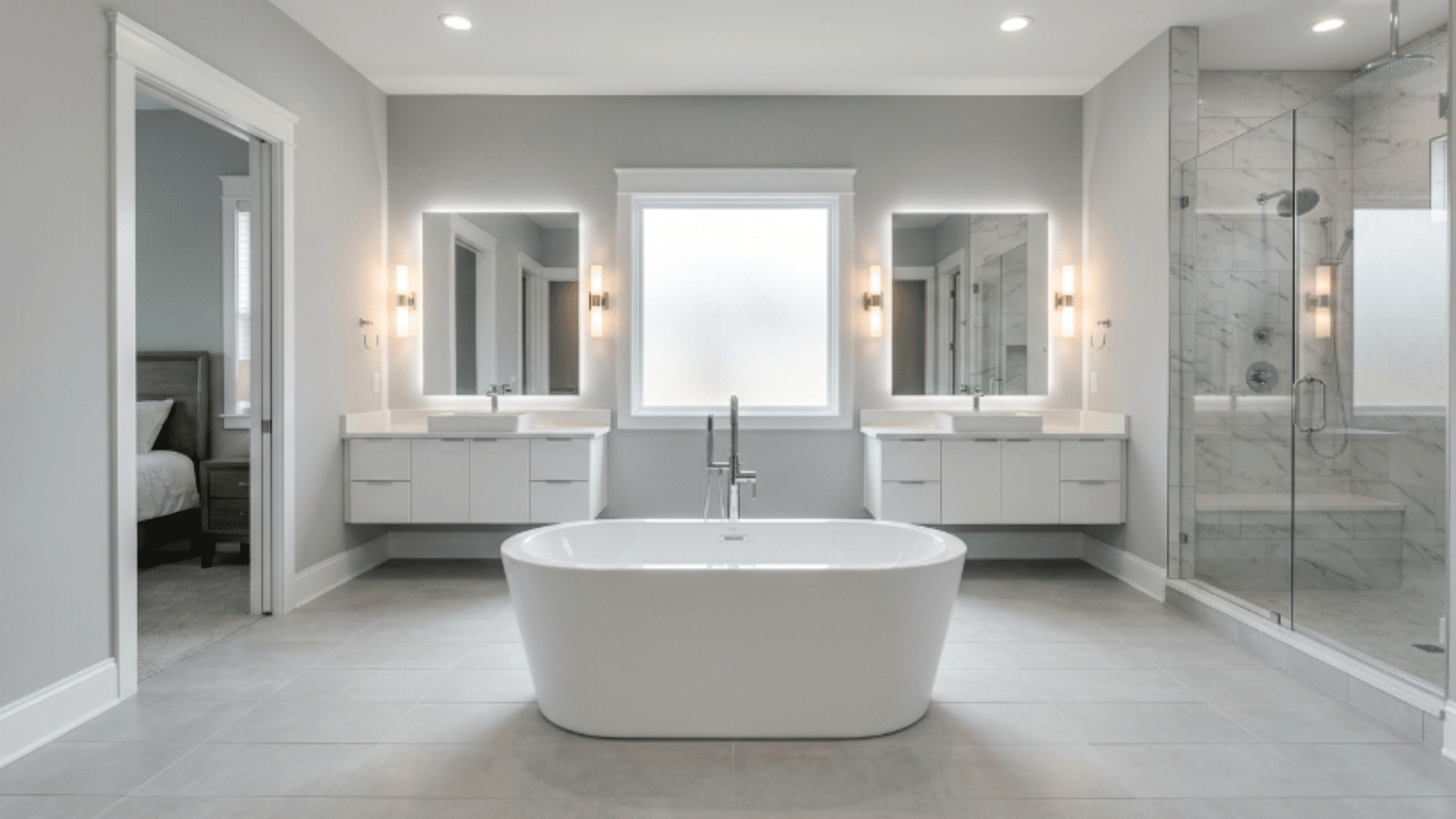 jack and jill bathroom with freestanding tub placed in the center of the room