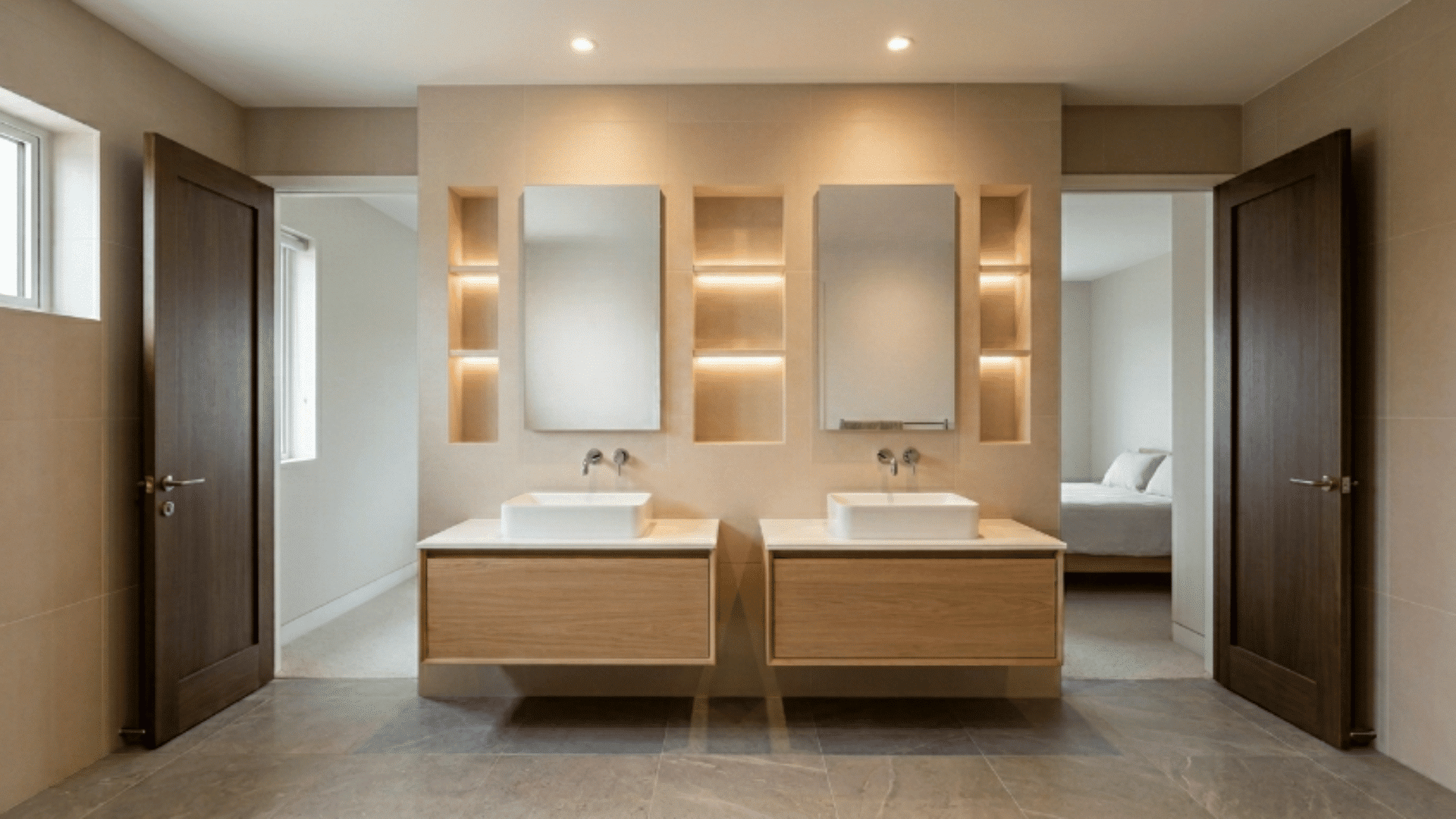 jack and jill bathroom with recessed wall niches used for storage