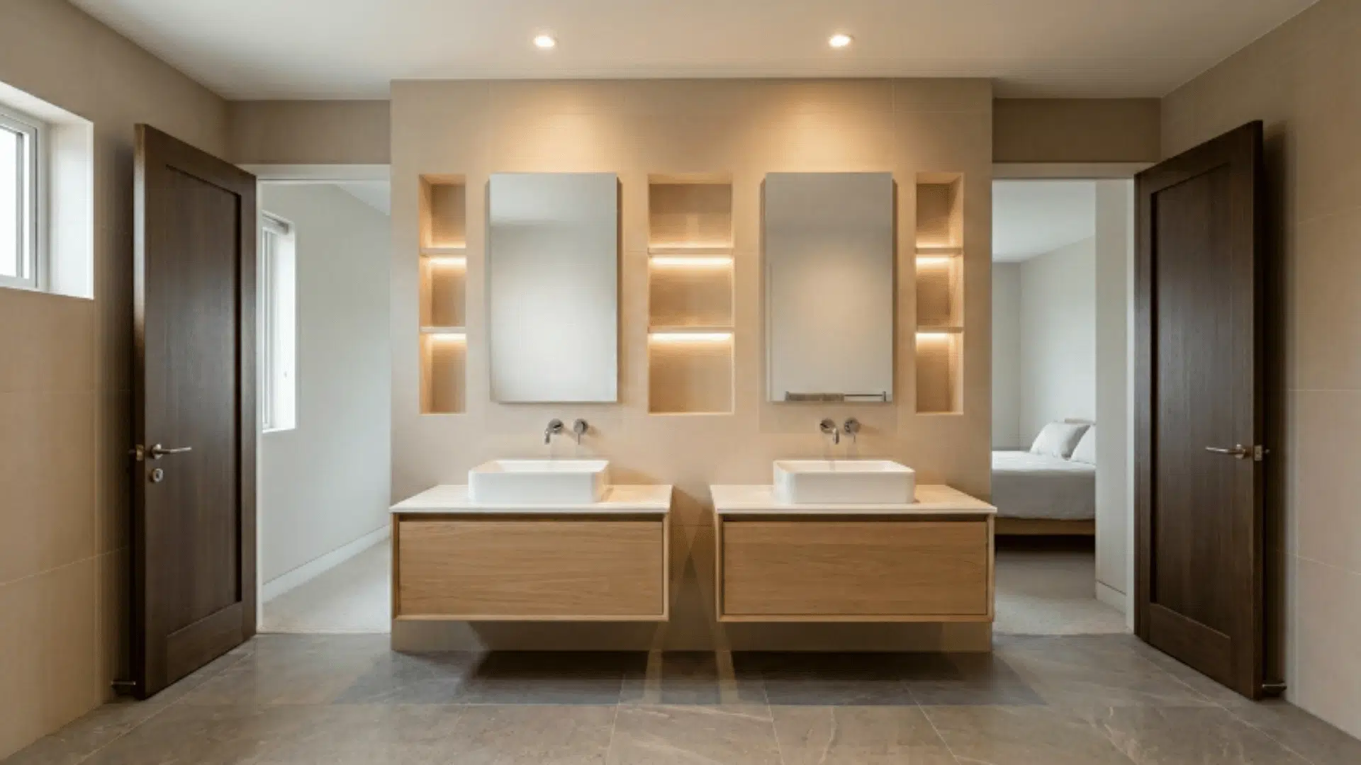 jack and jill bathroom with recessed wall niches used for storage