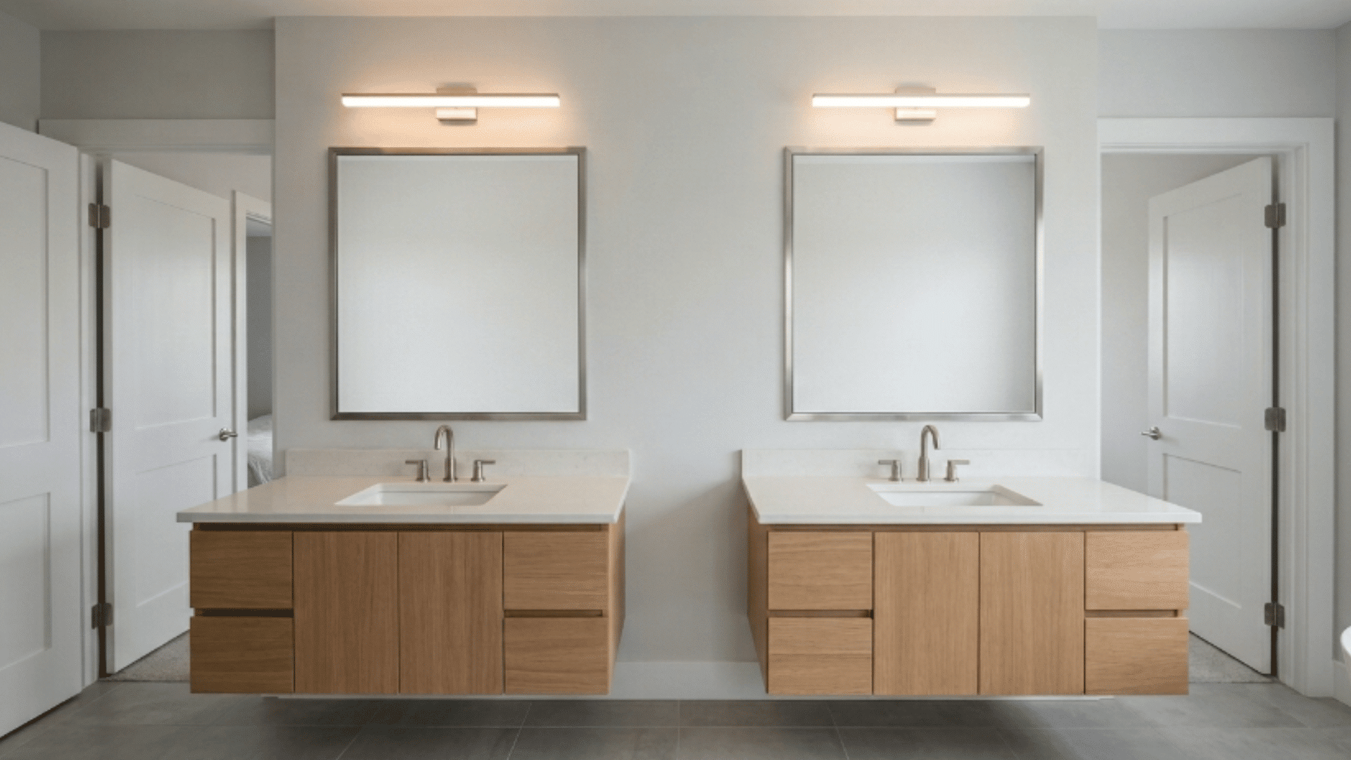 jack and jill bathroom with recessed wall cabinets above sink areas