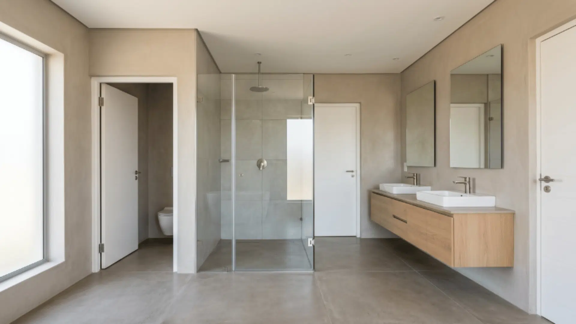jack and jill bathroom with shower placed off center creating uneven zones (1)