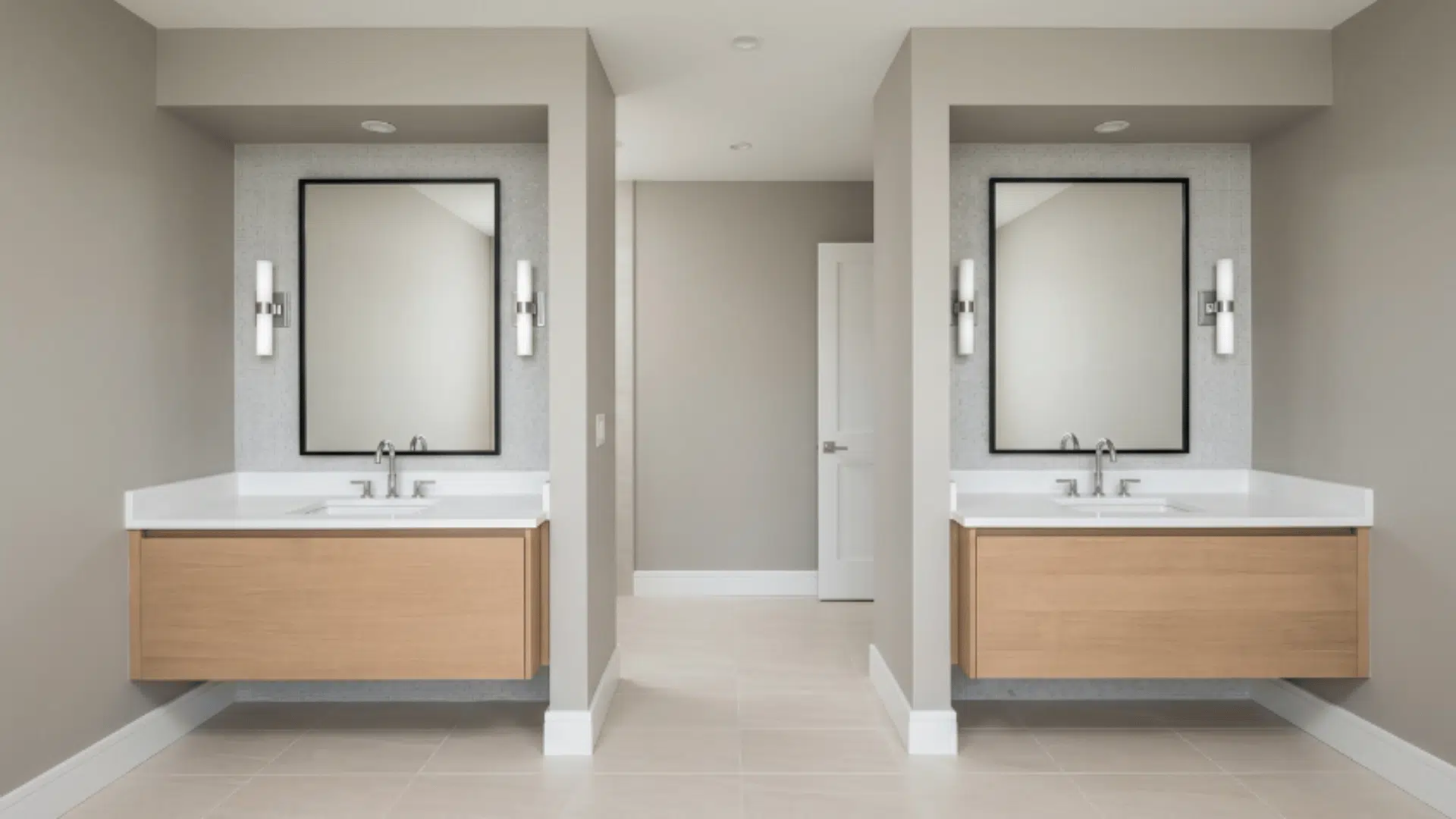 jack and jill bathroom with two recessed alcoves for separate sink spaces