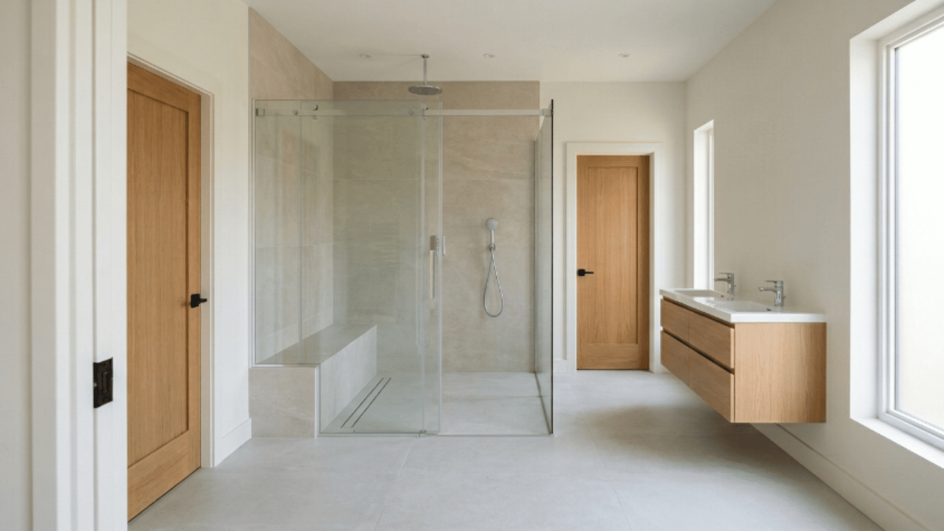 jack and jill bathroom with walk in shower and built in bench along one wall