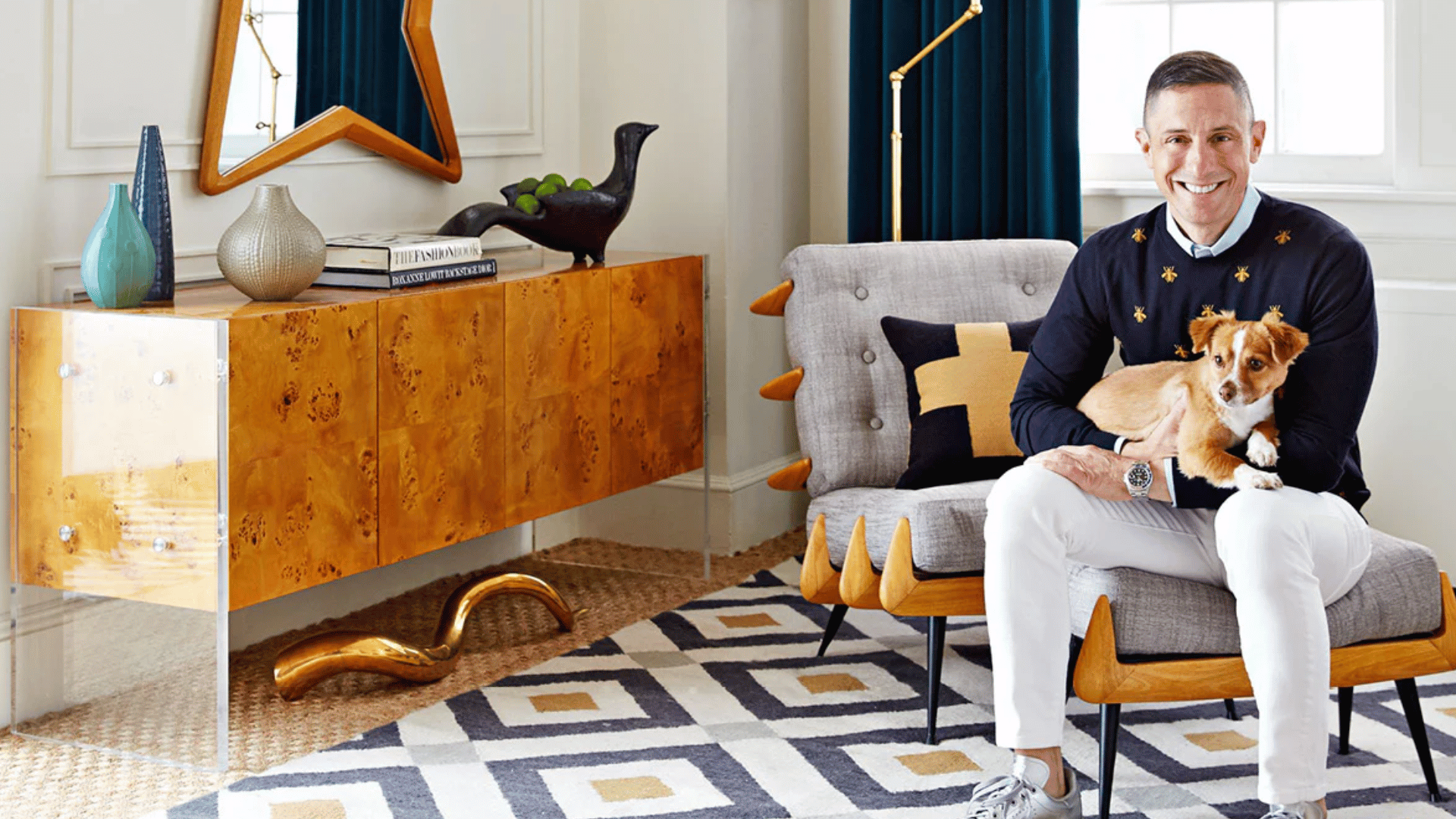 jonathan adler in a bright modern interior with bold patterns and playful design elements