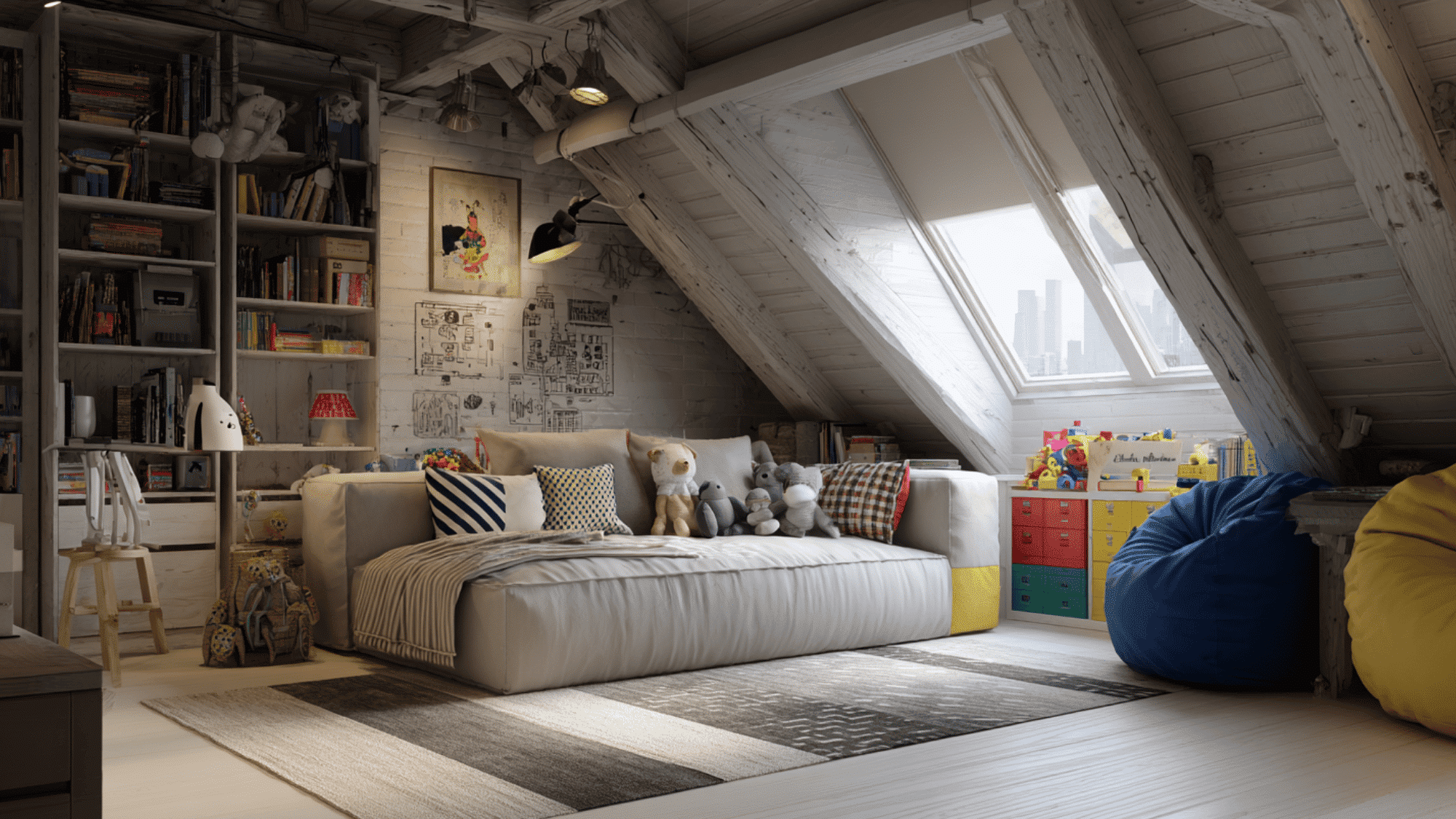 kids attic bedroom with playful décor and bright colors
