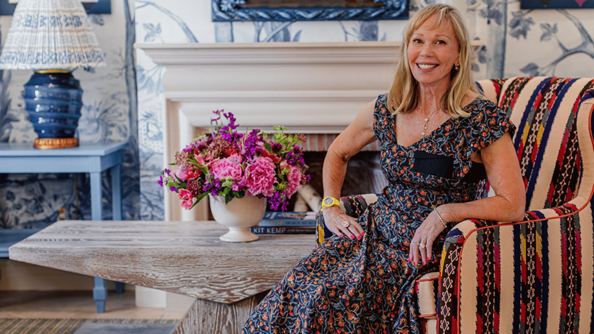 kit kemp in a colorful patterned interior space reflecting her playful and detailed design style approach