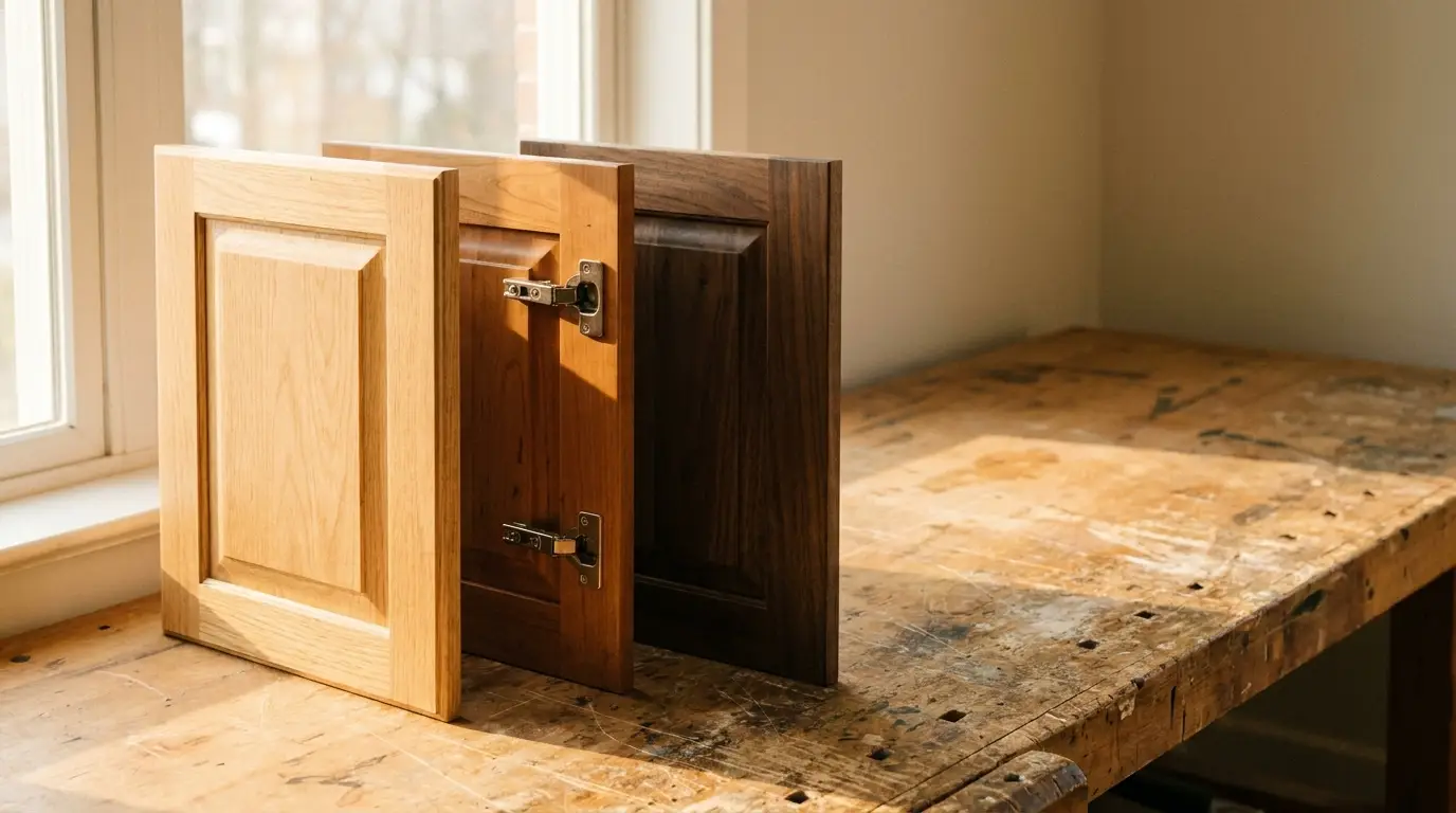 Wood cabinet doors in natural light on rustic wooden workbench