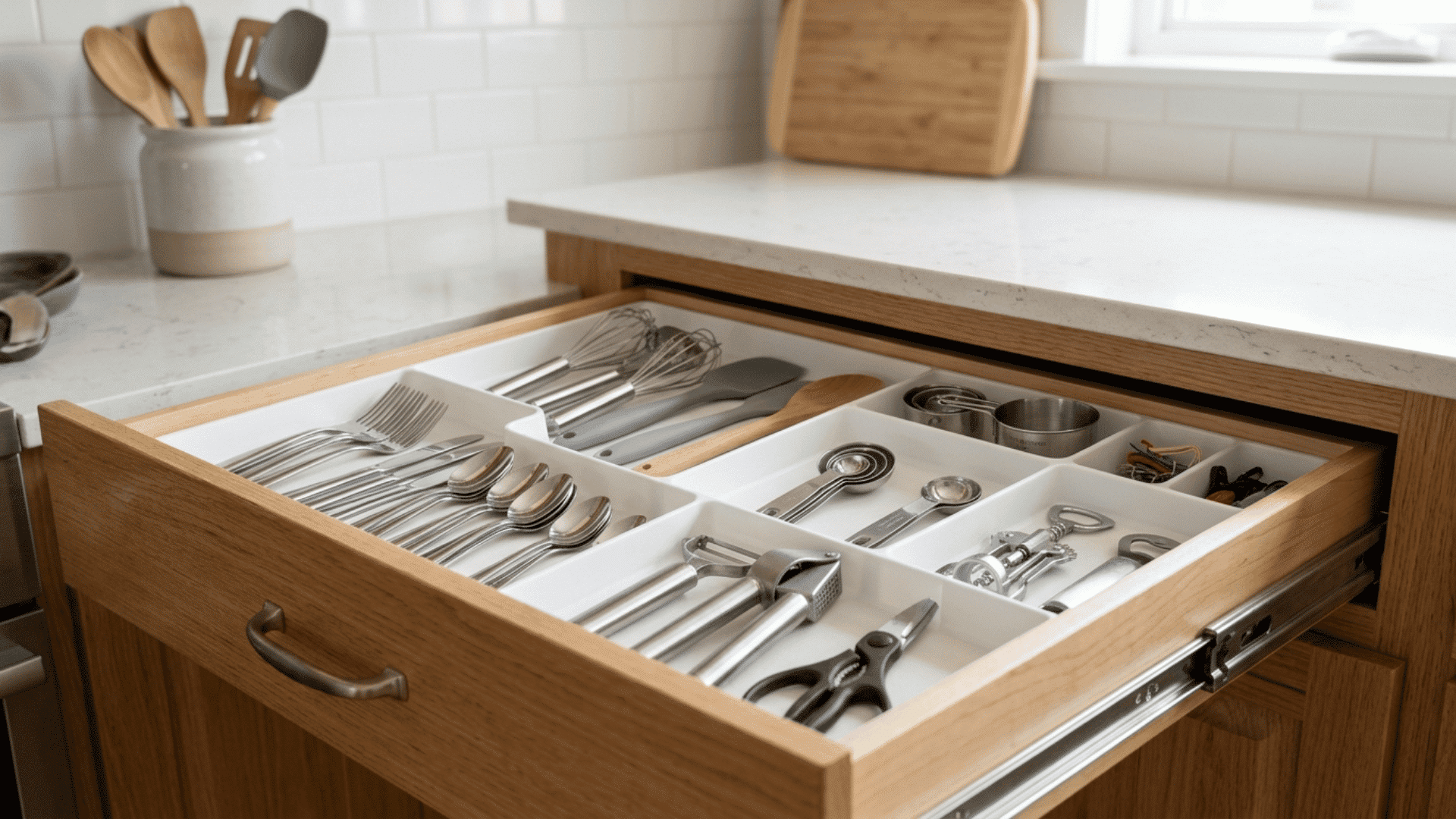 kitchen drawer with white dividers separating utensils and small tools into neat organized sections