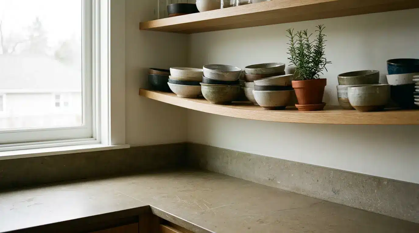 Ceramic bowls and potted rosemary on wooden shelves in a bright kitchen corner