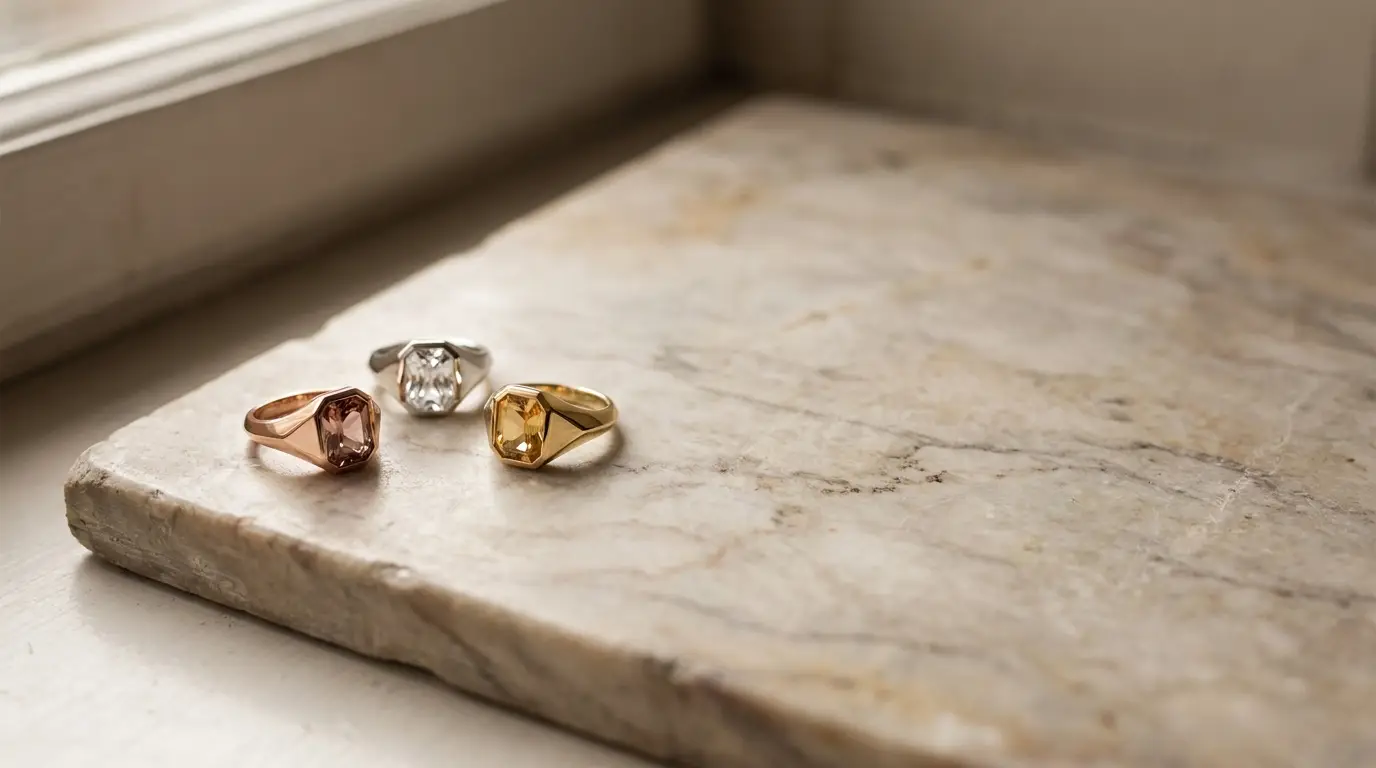 Three gemstone rings on marble surface in soft natural light