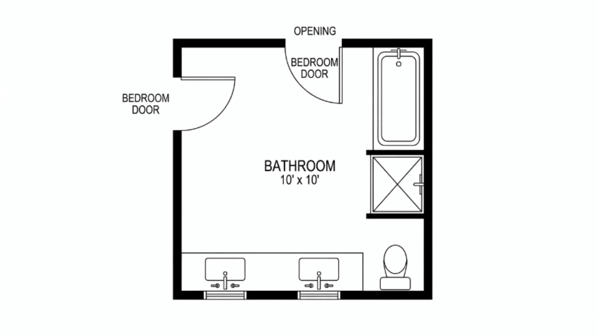 l shaped corner jack and jill bathroom floor plan with double sink vanity and corner shower