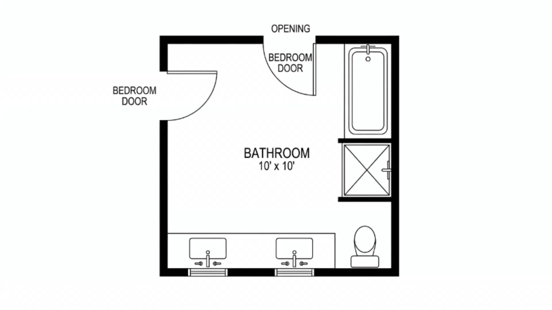 l shaped corner jack and jill bathroom floor plan with double sink vanity and corner shower