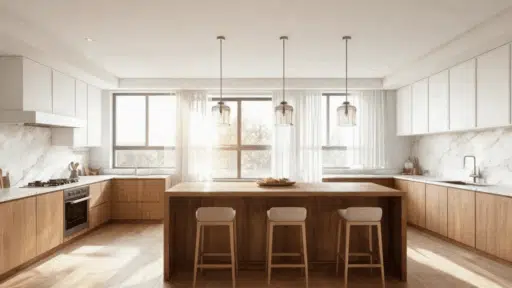 l shaped kitchen set with wooden island three stools and white upper cabinets