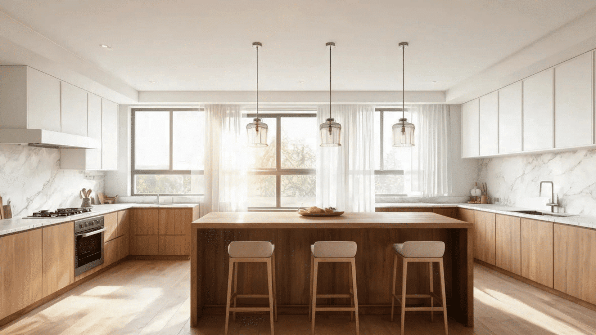 l shaped kitchen set with wooden island three stools and white upper cabinets