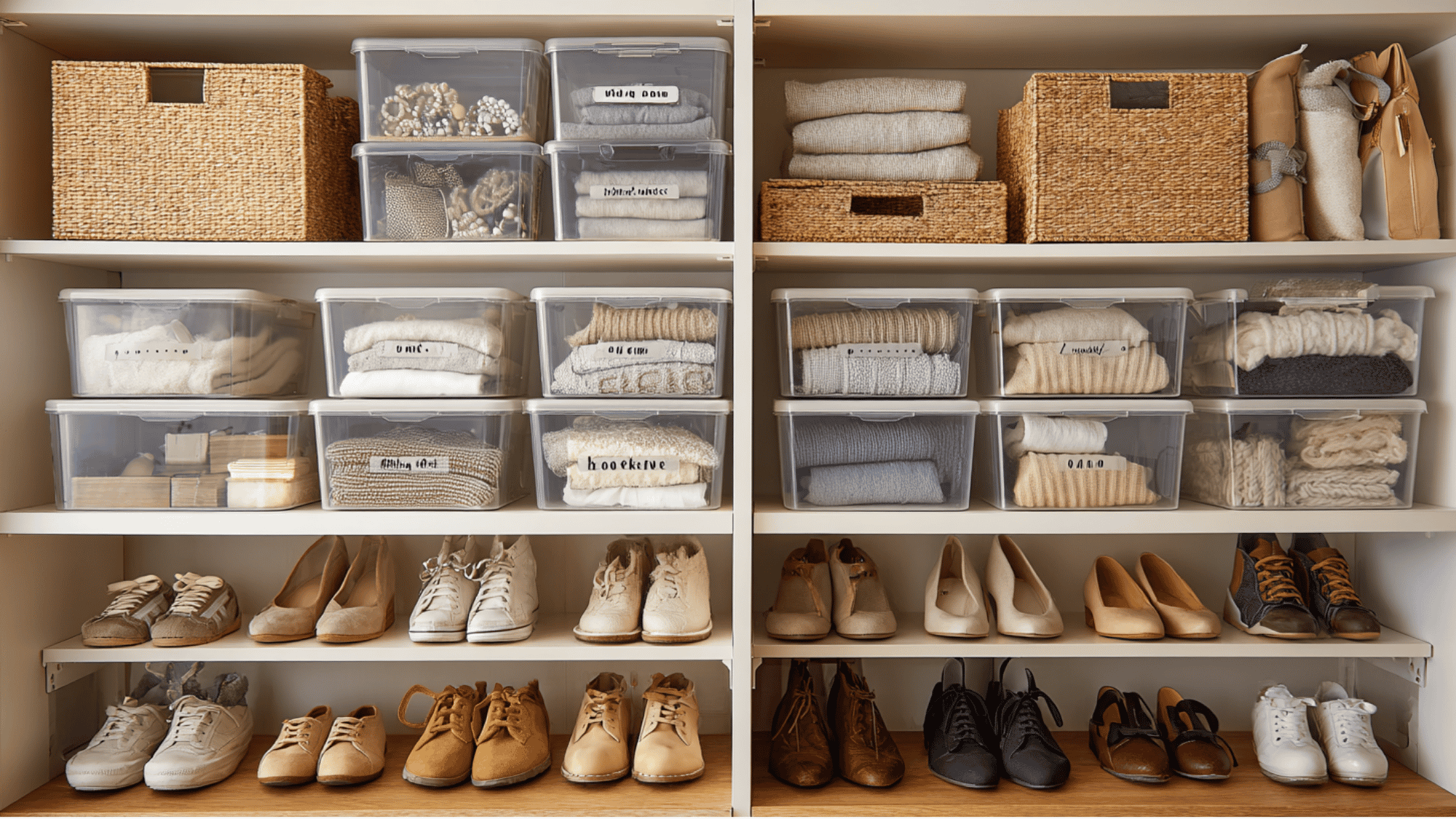 labeled storage bins in a small closet for organized and categorized storage
