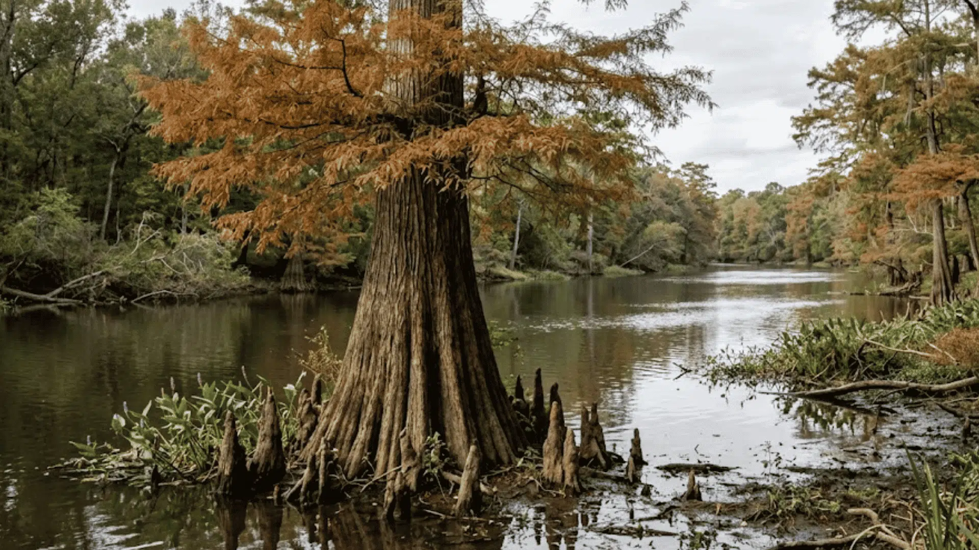 large cypress tree with exposed roots growing in calm swamp water surrounded by autumn forest scenery