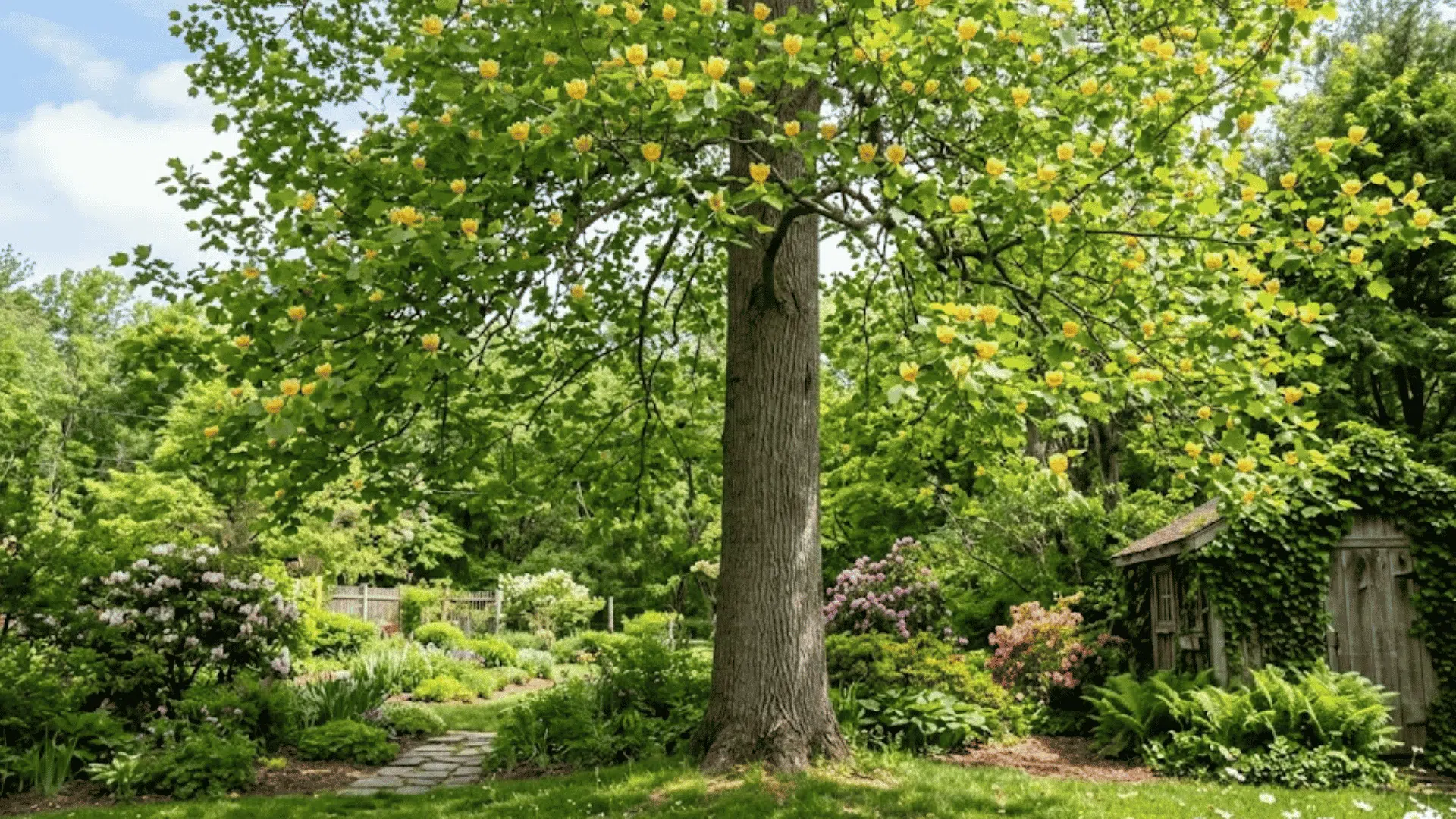 large flowering tree with yellow blooms shading a colorful garden beside a rustic ivy covered wooden shed