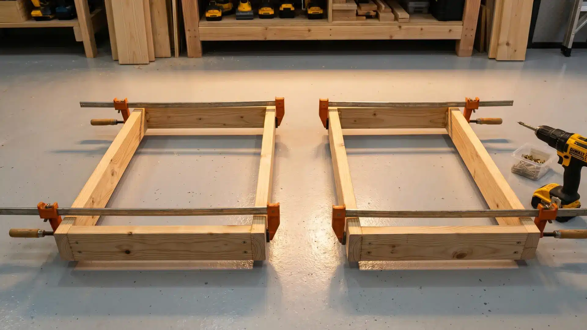large full size rectangular wooden workbench end frames laid flat on a concrete workshop floor, thick sturdy timber with clearly visible wood grain, metal screws at each joint, heavy duty orange m
