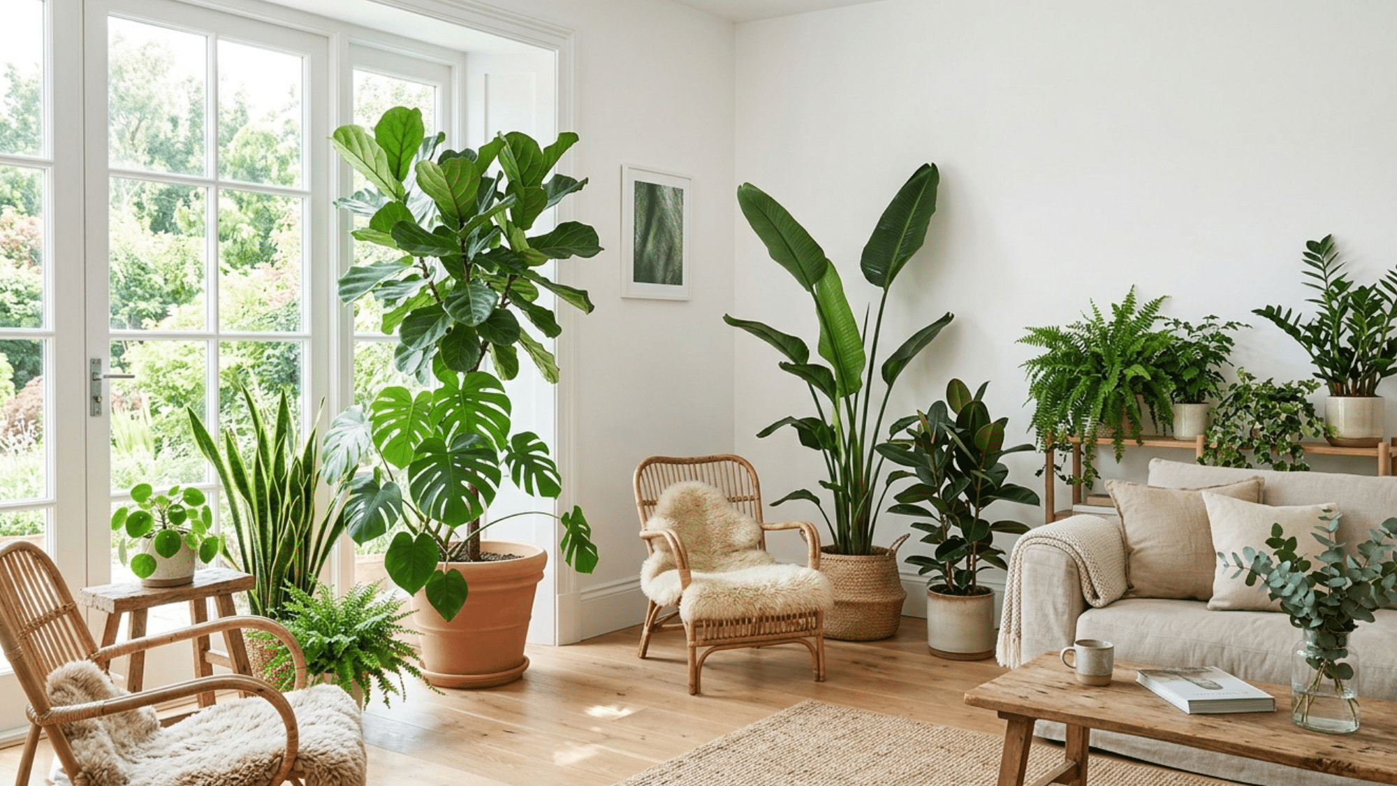 large leafy indoor plants placed near a window to naturally absorb and diffuse sound waves.