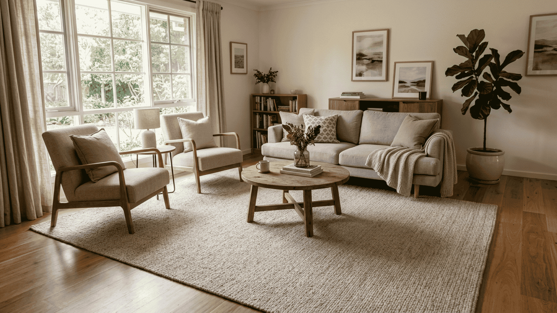 large neutral area rug centered in living room with sofa legs resting on it and wooden floor around edges