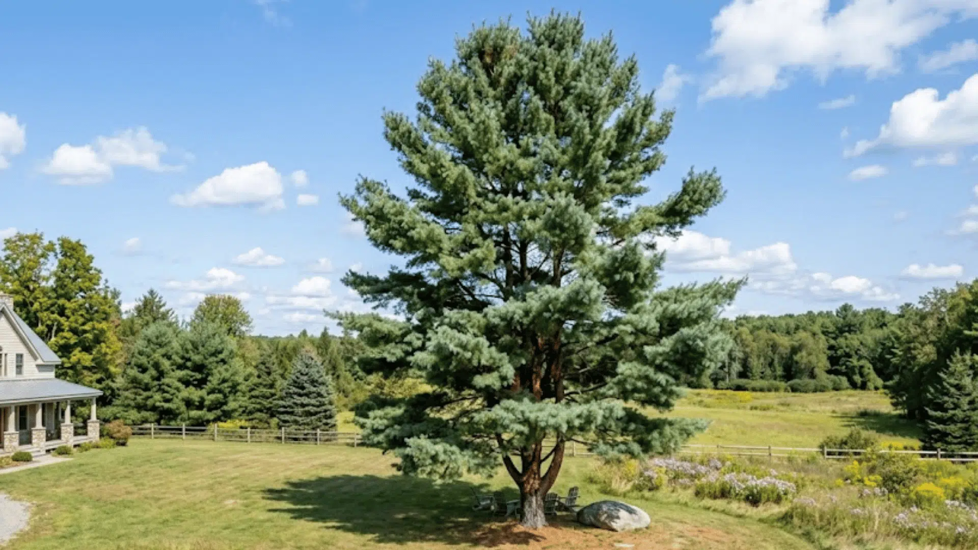 large pine tree rising above an open grassy landscape near a white farmhouse and countryside meadow