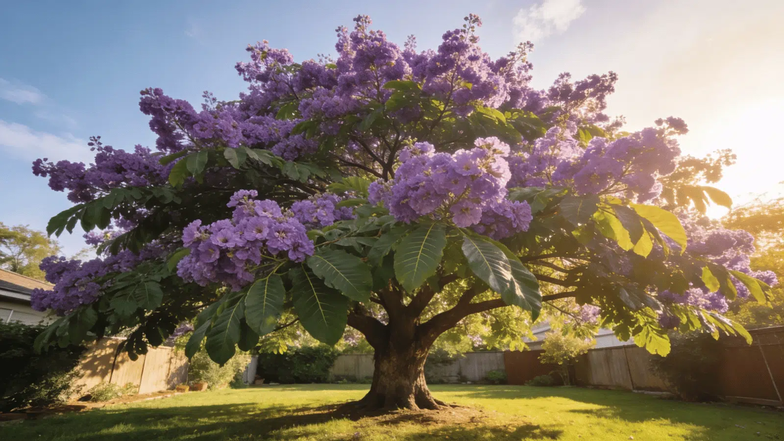 large purple flowering tree spreading shade across a sunny backyard lawn