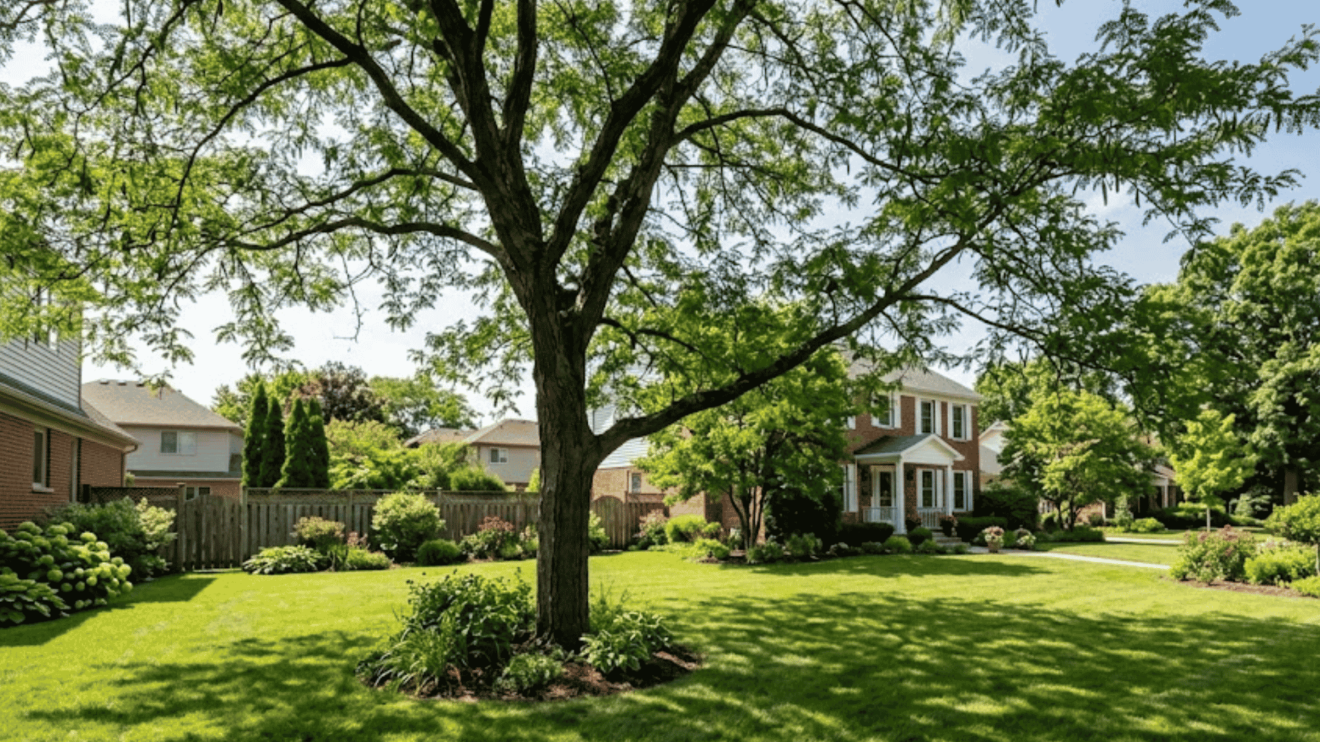large shade tree casting shadows across a landscaped suburban lawn with homes and flowering garden beds