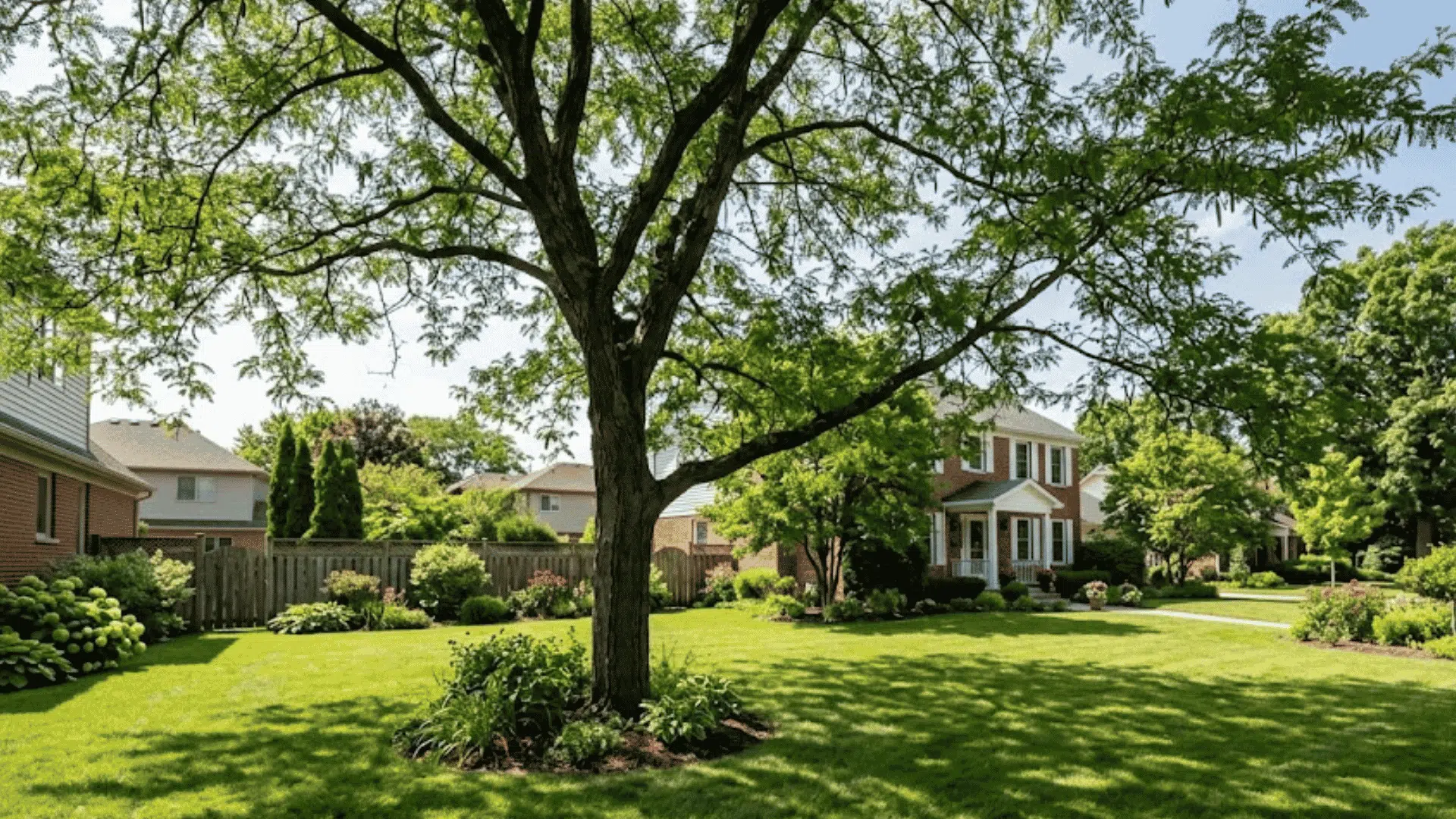 large shade tree casting shadows across a landscaped suburban lawn with homes and flowering garden beds