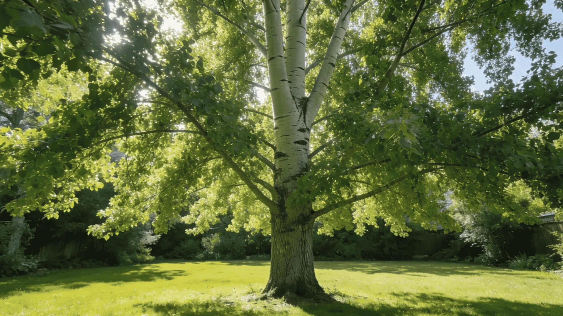 large tree with bright green leaves spreading shade across a sunny grassy backyard surrounded by dense foliage