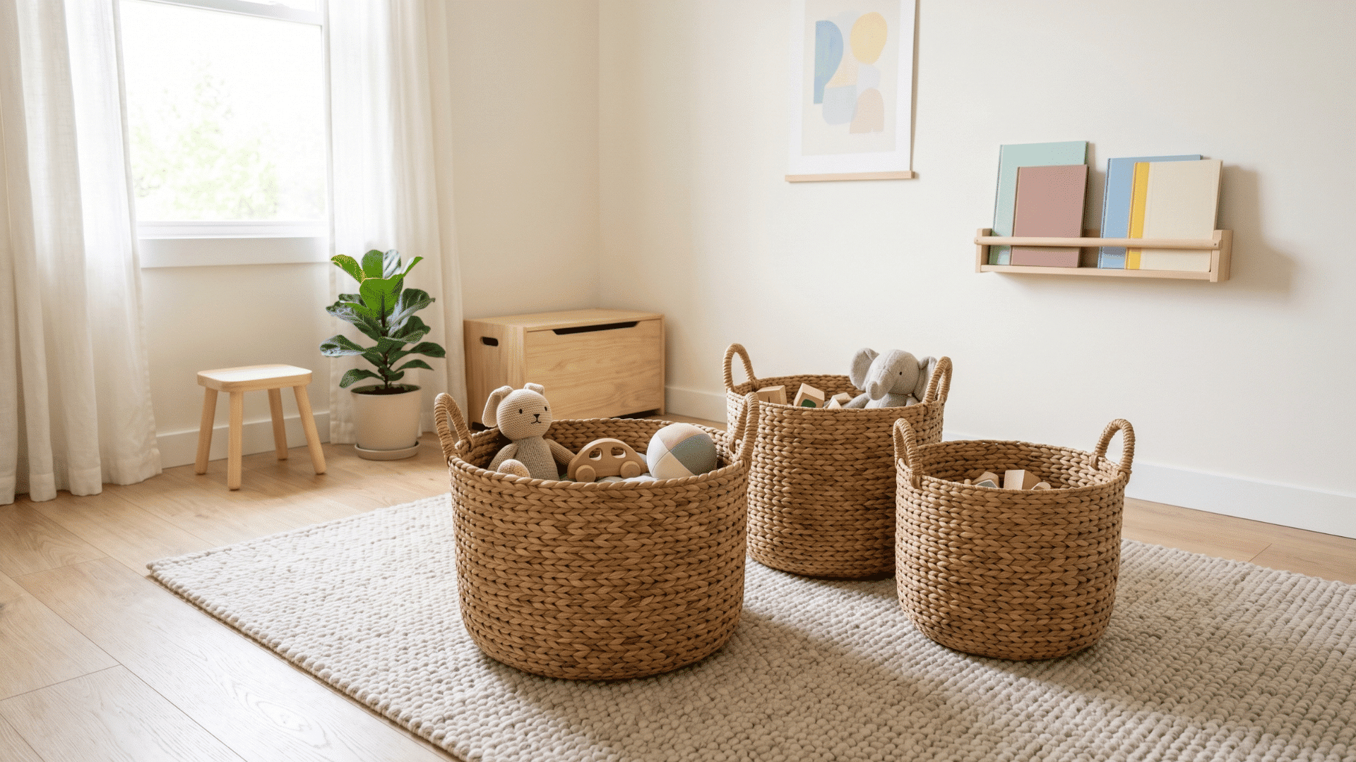 large woven baskets on floor with few toys inside open space neutral tones soft daylight clean setup