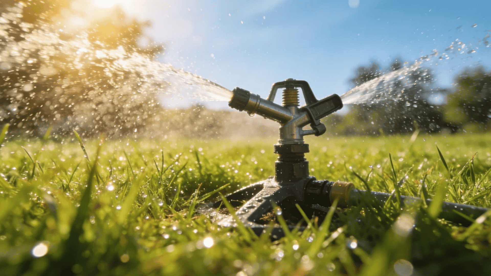 lawn sprinkler spraying water across green grass in bright backyard sunlight