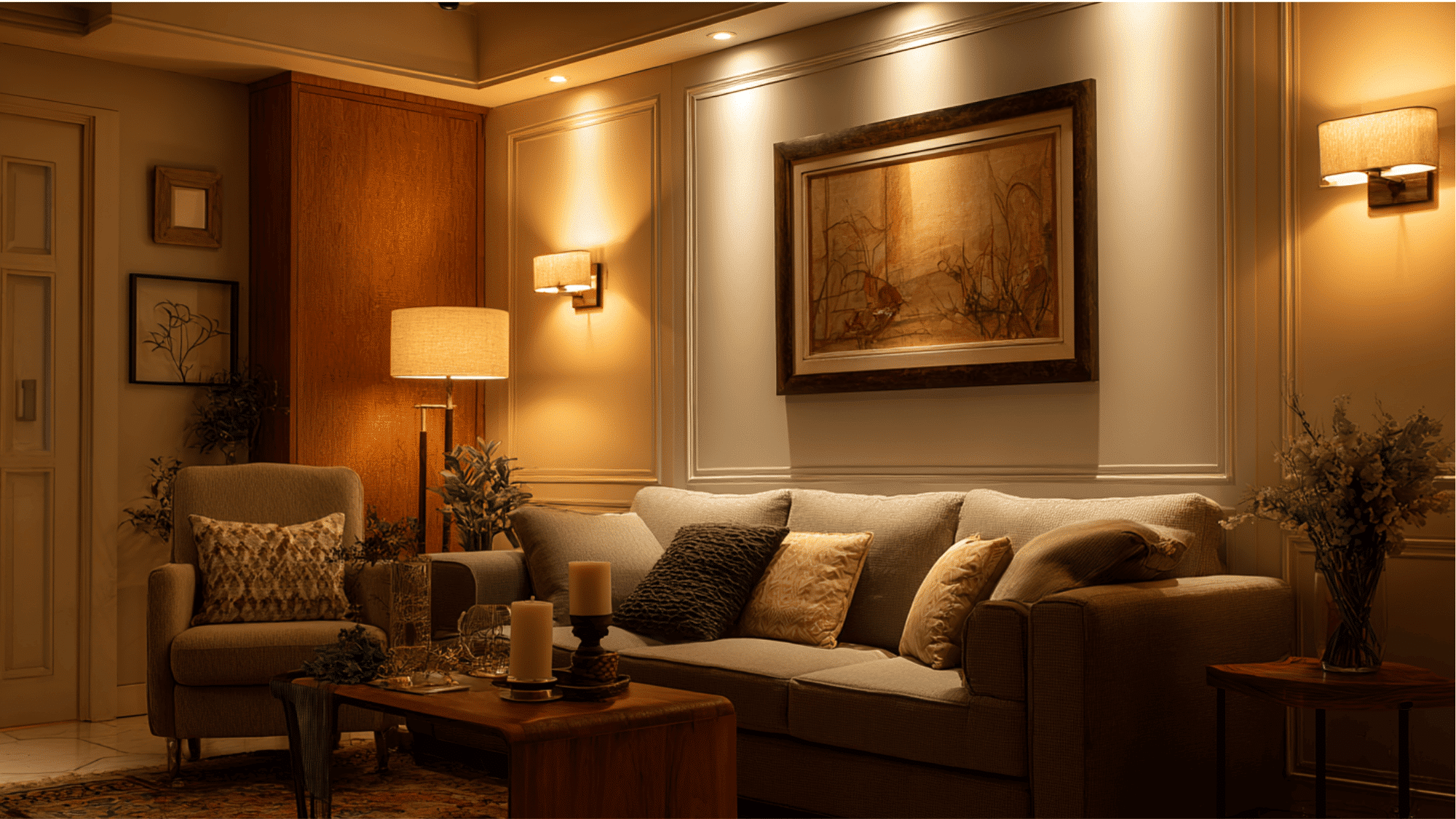 Layered lighting setup in a small living room
