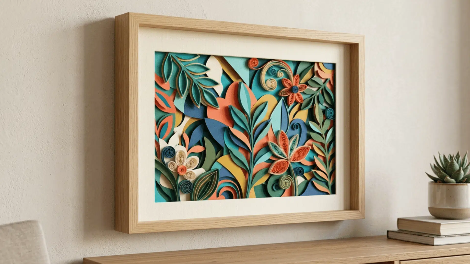 layered paper wall art in frame adding color and texture to modern room decor