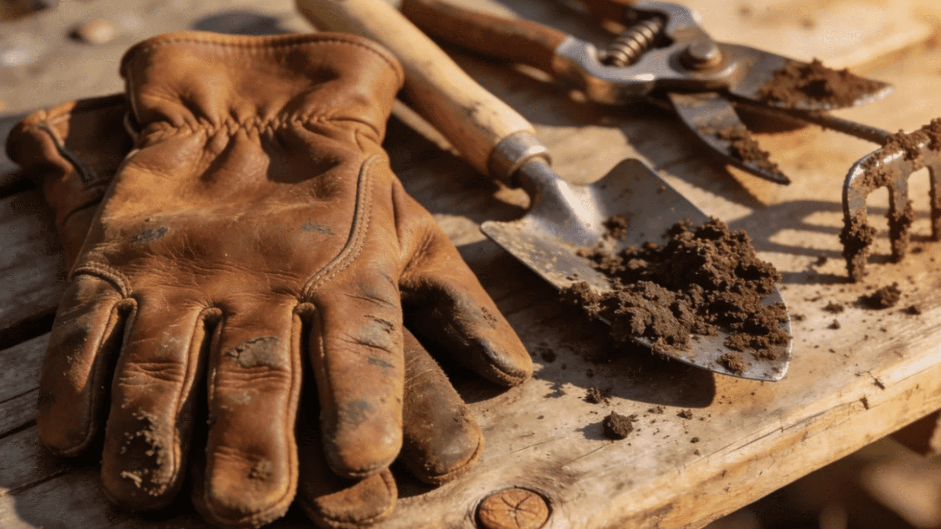 leather gardening gloves with hand tools resting on a wooden table outdoors