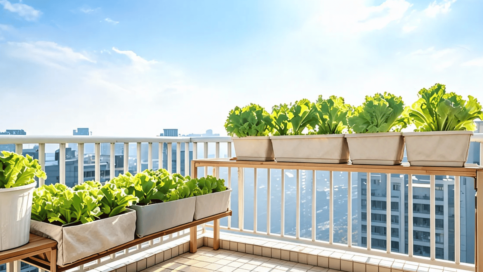 lettuce plants growing in containers on a bright apartment balcony garden